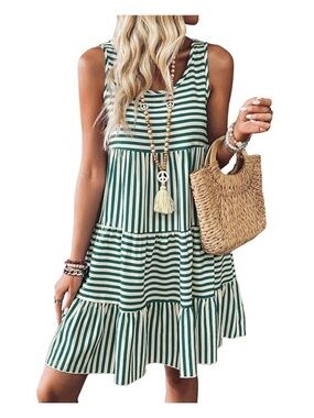 NWOT- Boho Style Striped Green Sleeveless Tiered Summer Dress
